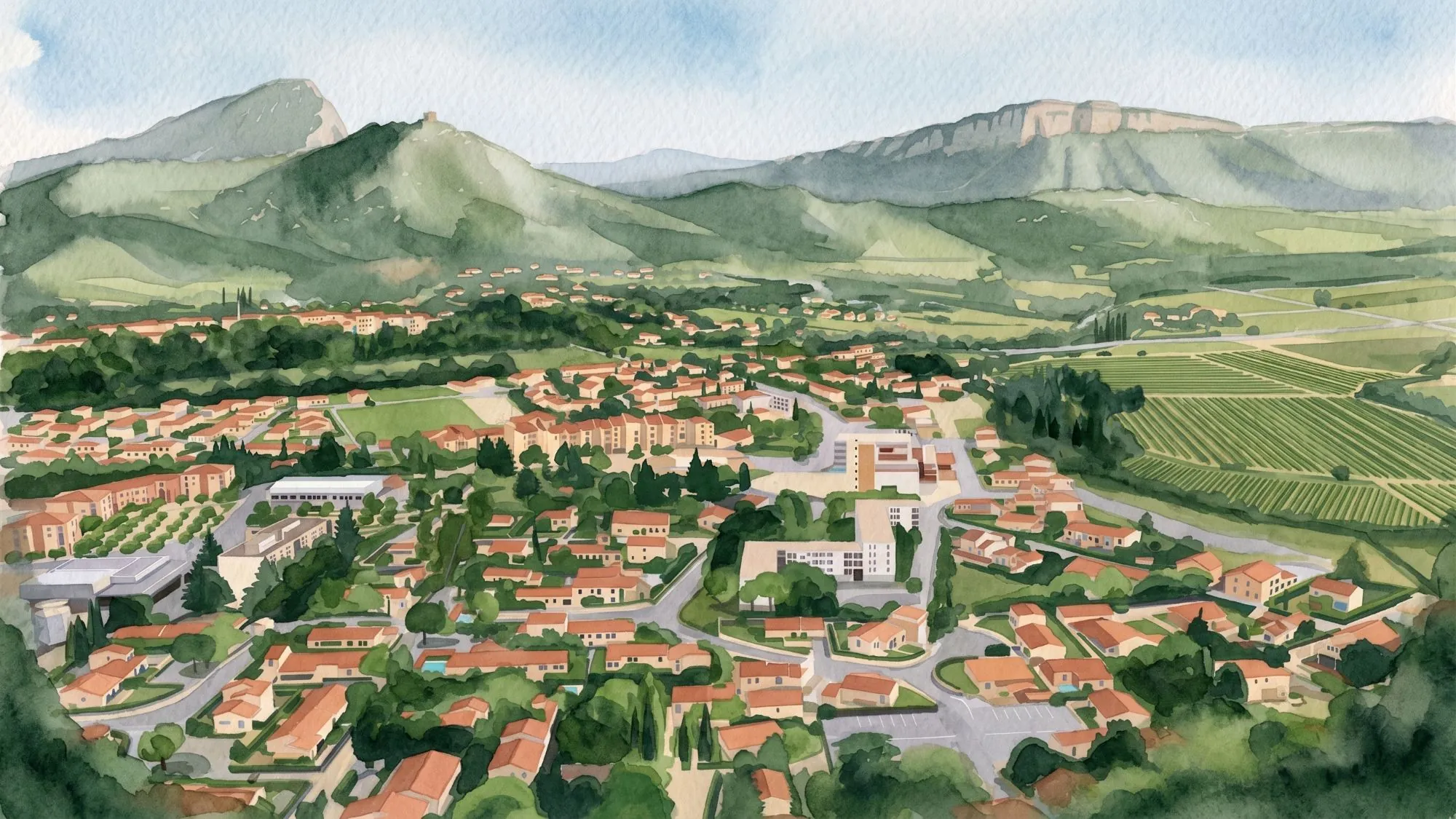 Aquarelle de Saint-Mathieu-de-Tréviers vu depuis les hauteurs, entre le Pic Saint-Loup, l'Hortus et les vignes